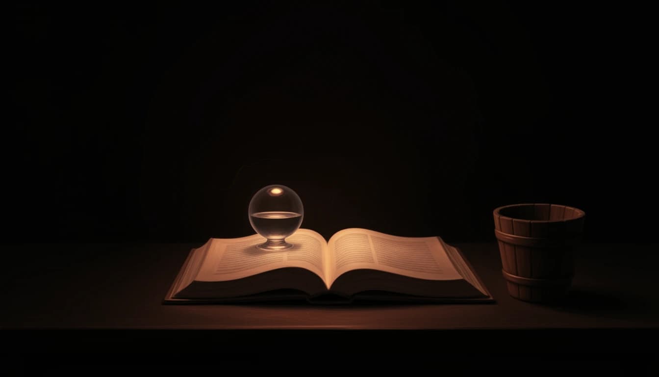 Two open books on a dark desk, a small glass orb on one and a wooden bucket beside them, lit in copper