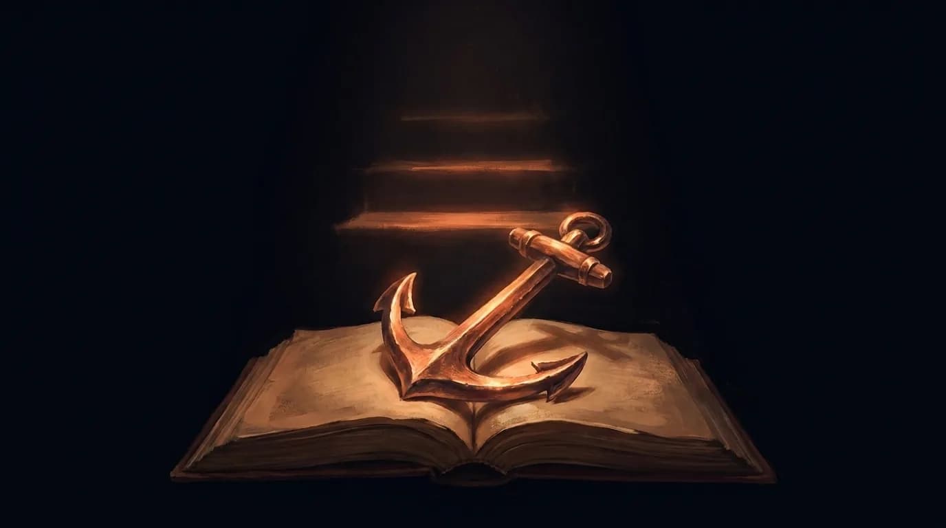 A copper anchor on an open book with steps of light — a smrhs-style painting.