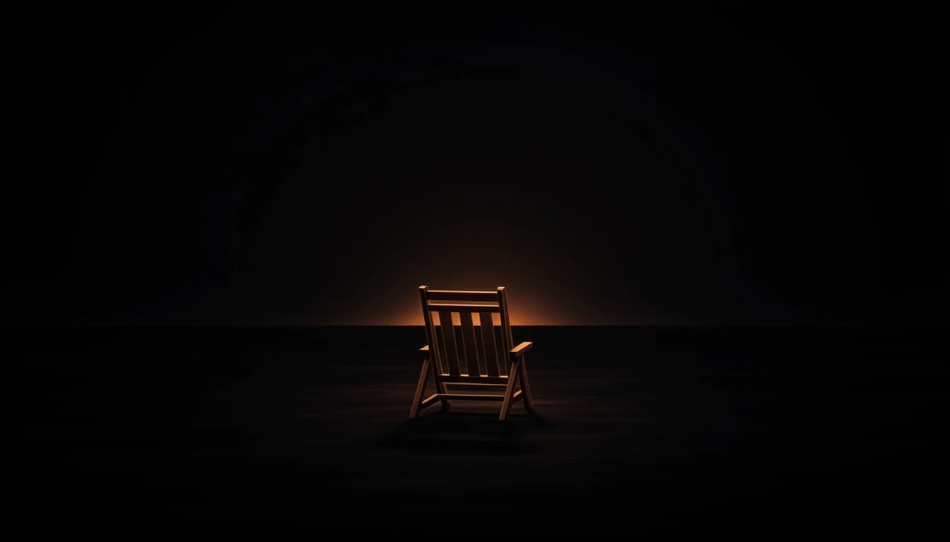 A lone wooden deck chair facing a dark sea under a faint low copper glow on the horizon