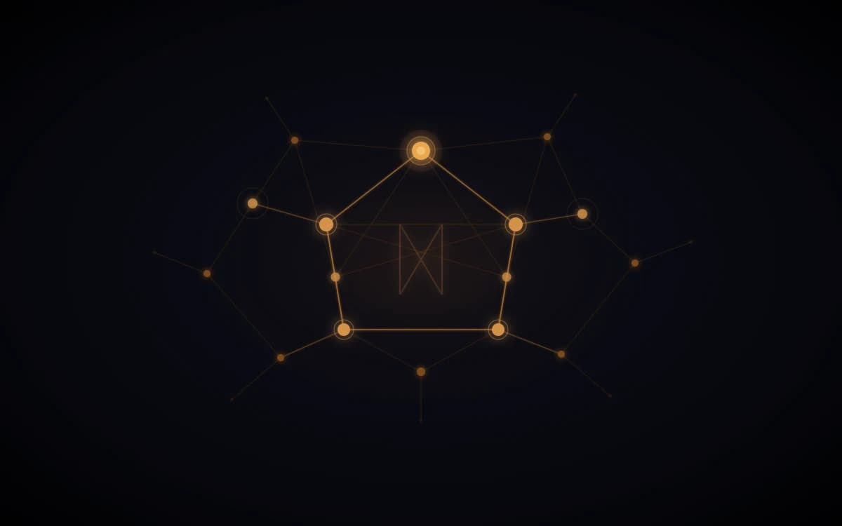 Sumarhús: a copper Mannaz seal over a house of glowing nodes on deep void, in the smrhs style.