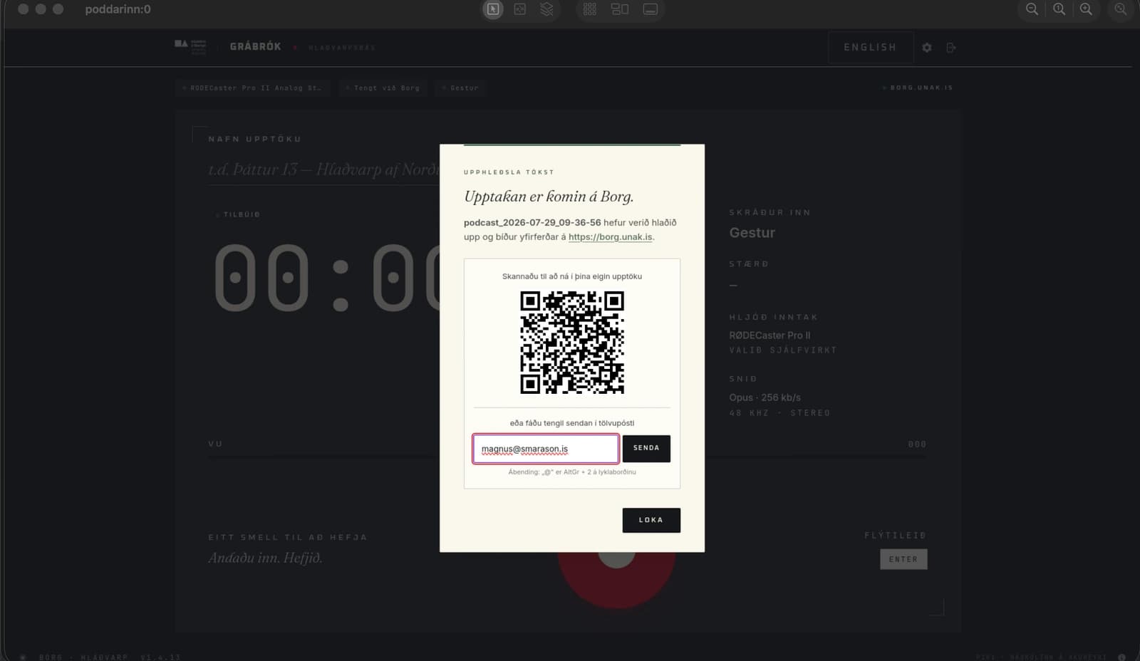 The end of the guest flow — the recording has reached Borg, with a QR code to fetch it.