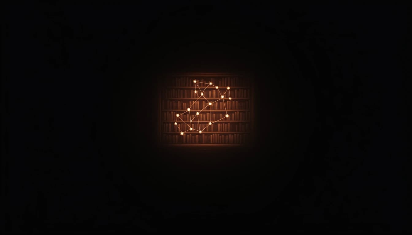 Glowing nodes linked by fine copper lines form a network in front of dimly lit bookshelves.