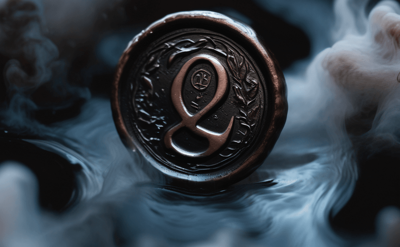 A brass wax seal with a relief, lit by copper light on dark stone — a smrhsstyle painting, copper on a pitch-black void.