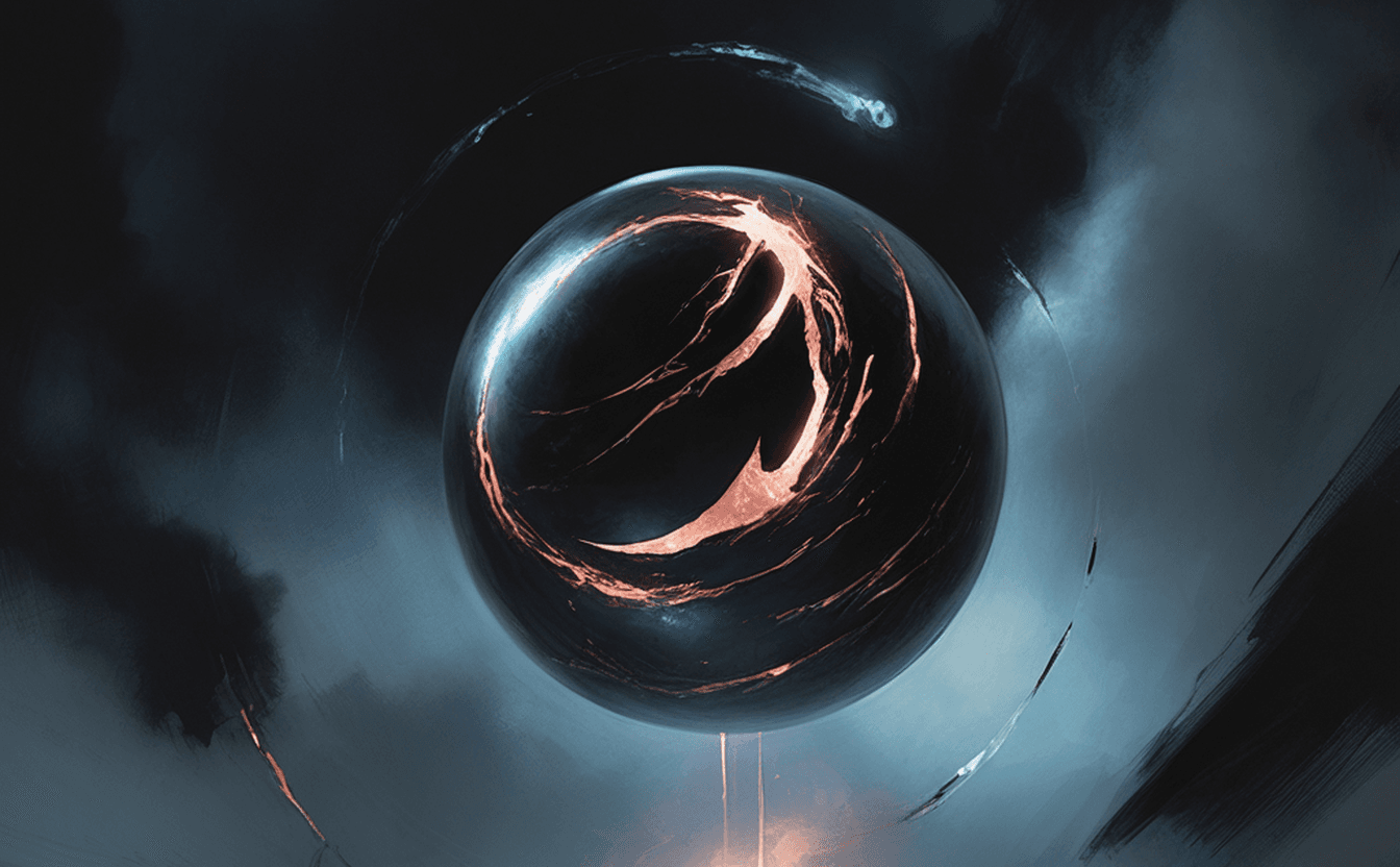 A cracked black sphere haloed by copper light like an eclipse — an emblem of fragmentation, a smrhsstyle painting on a pitch-black void.