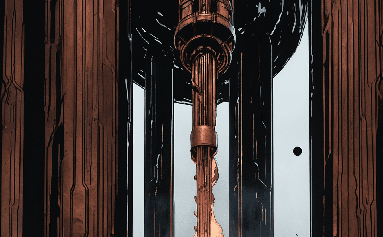 A brass column with a vertical copper seam of light glowing in darkness — a smrhsstyle painting, copper on pitch-black void.
