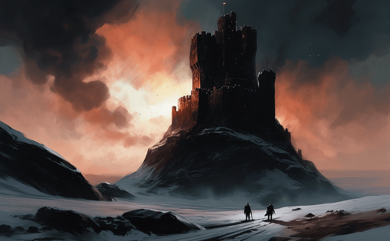 A lone fortress tower with copper light at its base in the dark — an emblem of digital sovereignty, a smrhsstyle painting.