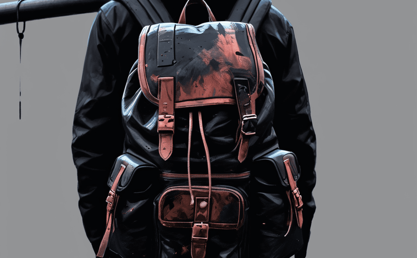 A single loaded rucksack in warm copper light in the dark — a smrhsstyle painting, copper on a pitch-black void.