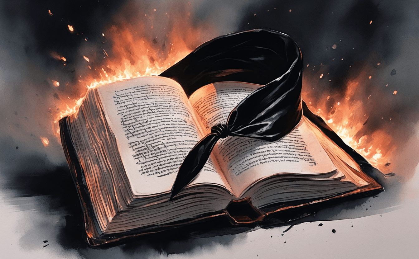An open book bathed in copper light with a blindfold across it — an emblem of systemic blindness, a smrhsstyle painting on a pitch-black void.