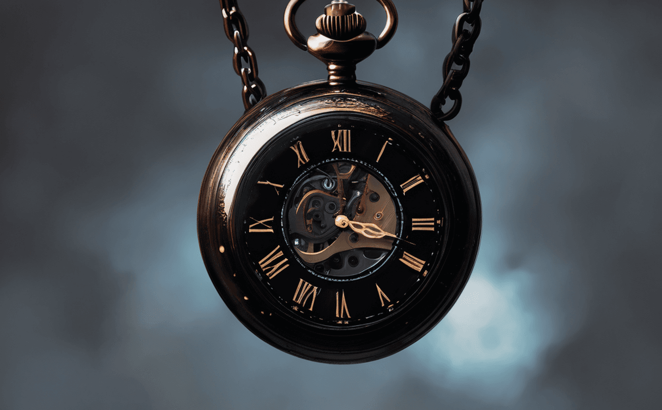 A brass pocket watch in warm copper light in the dark — an emblem of instant allocation, a smrhsstyle painting on a pitch-black void.