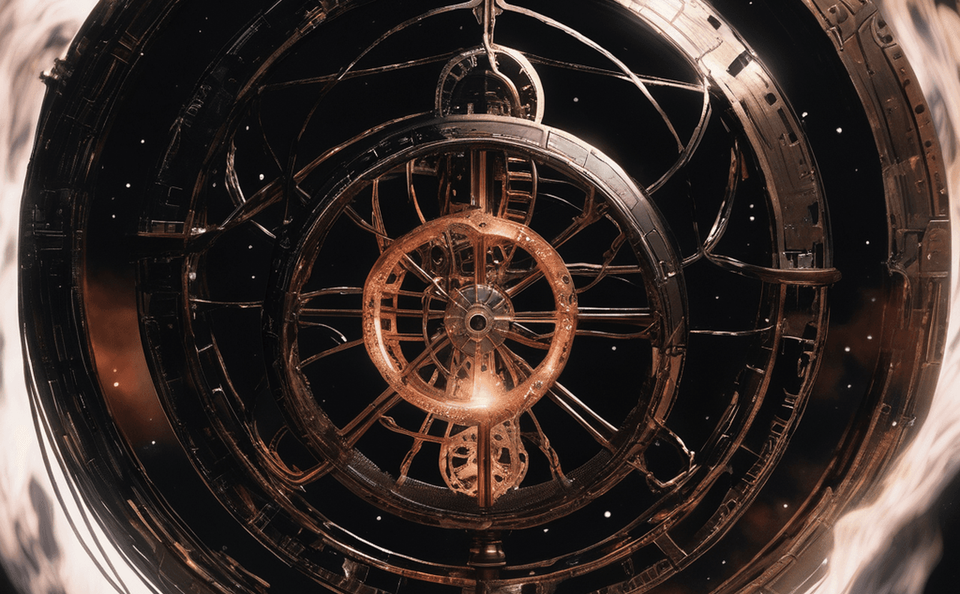 An ornate brass astrolabe with a glowing center in the dark — an emblem of recorded history, a smrhsstyle painting on a pitch-black void.