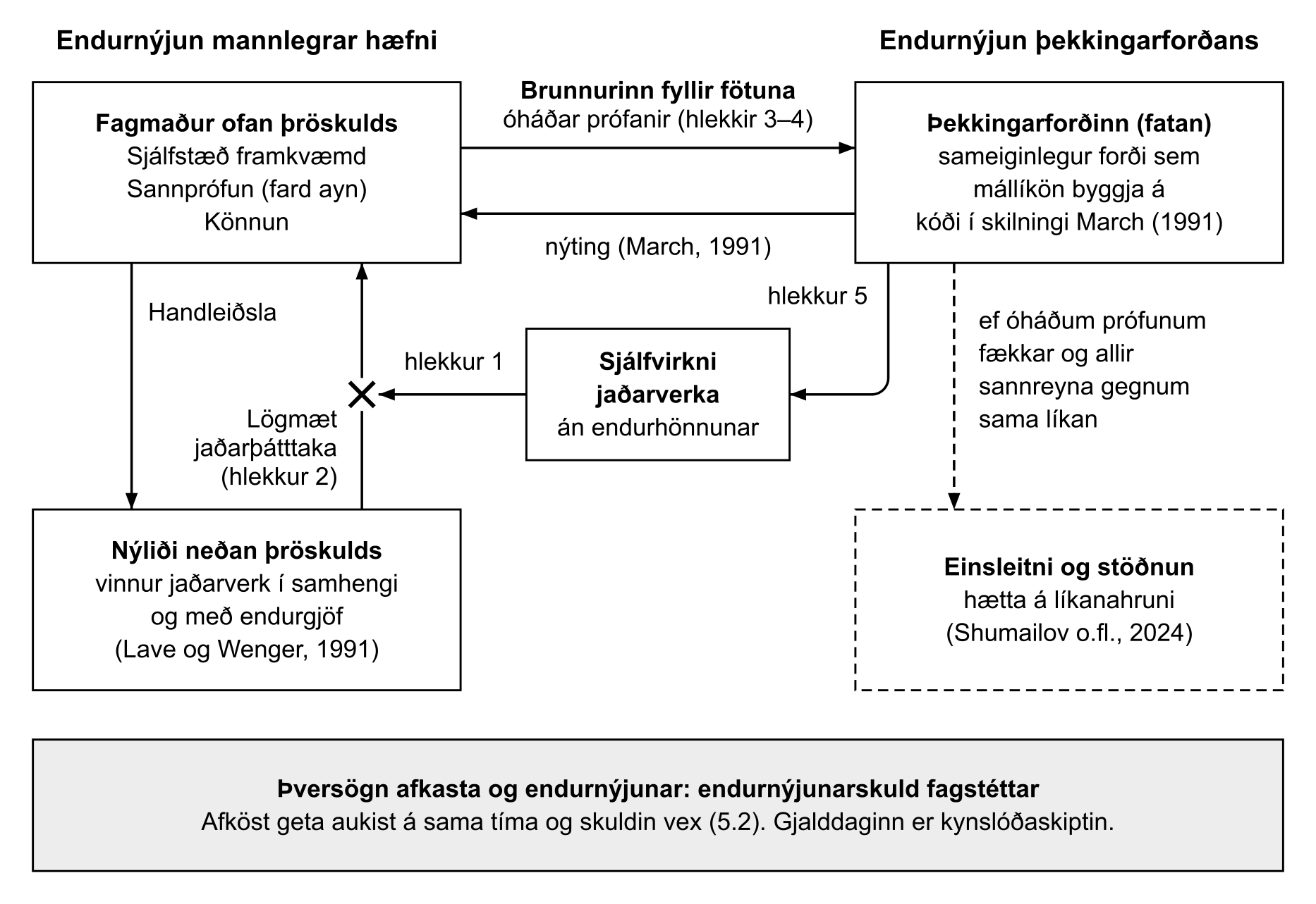 Figure 1. Two renewals and the renewal debt. The numbers refer to the five links in the text. Automation of peripheral tasks without redesign breaks the formation of the novice (the cross on the arrow). The broken line shows where the reservoir heads if independent tests decline. The debt is defined in 5.2.